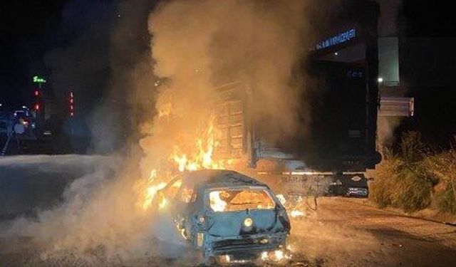 Otomobil ile büyükbaş hayvan yüklü tırın çarpışması sonucu yangın çıktı, 4 hayvan telef oldu