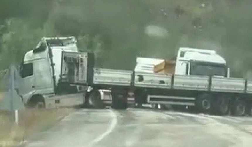 Kontrolden çıkan tır kara yolunu trafiğe kapattı